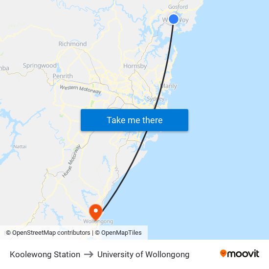 Koolewong Station to University of Wollongong map