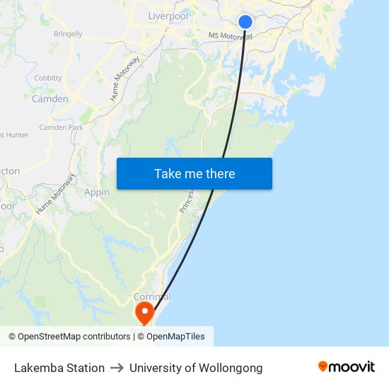 Lakemba Station to University of Wollongong map