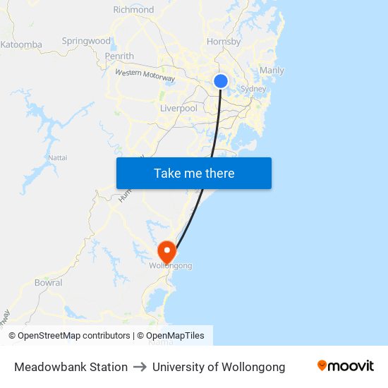 Meadowbank Station to University of Wollongong map