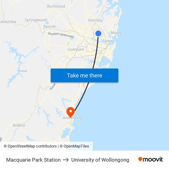 Macquarie Park Station to University of Wollongong map