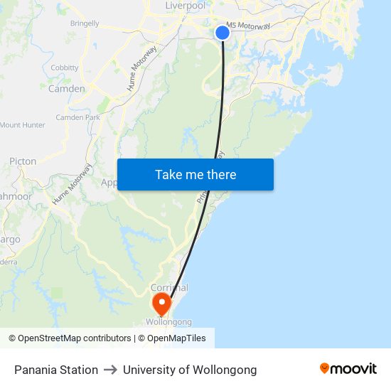 Panania Station to University of Wollongong map