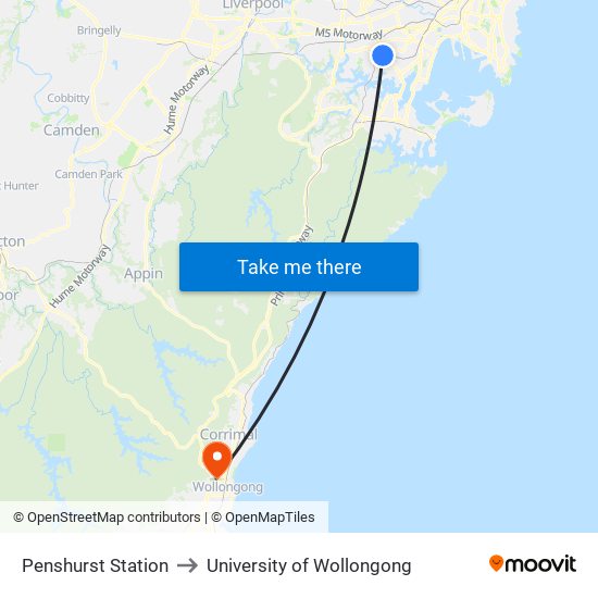 Penshurst Station to University of Wollongong map