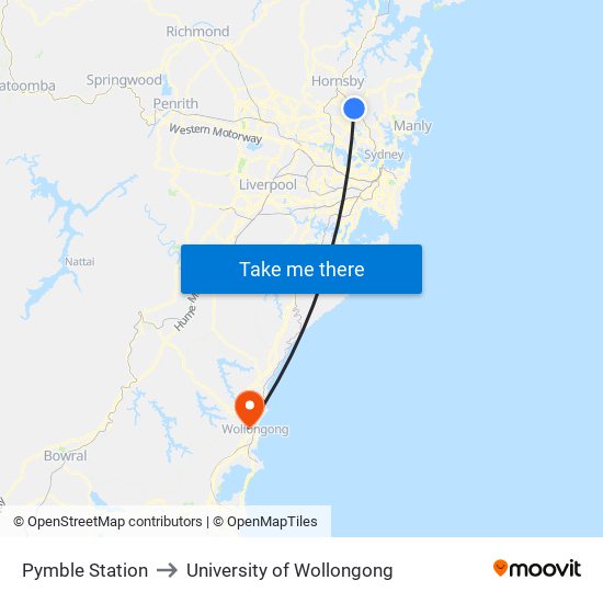 Pymble Station to University of Wollongong map