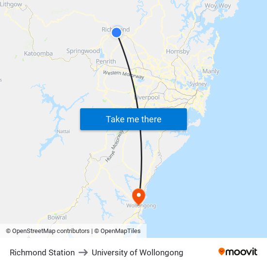 Richmond Station to University of Wollongong map