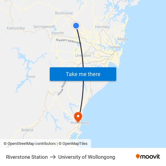 Riverstone Station to University of Wollongong map