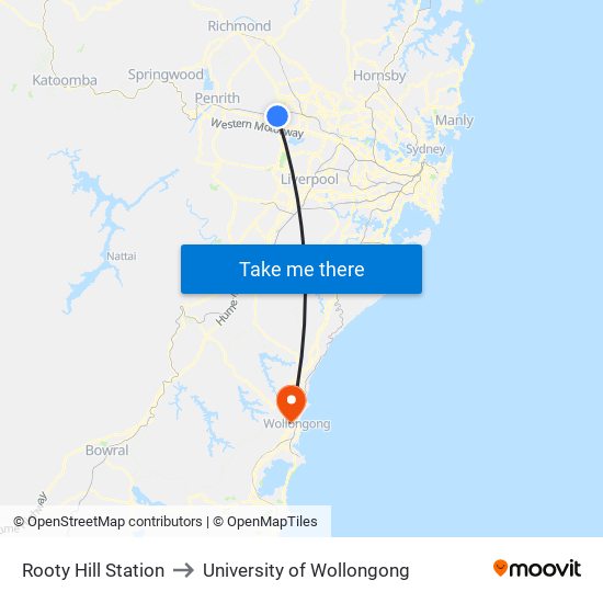 Rooty Hill Station to University of Wollongong map