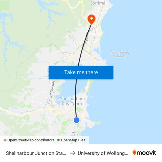 Shellharbour Junction Station to University of Wollongong map