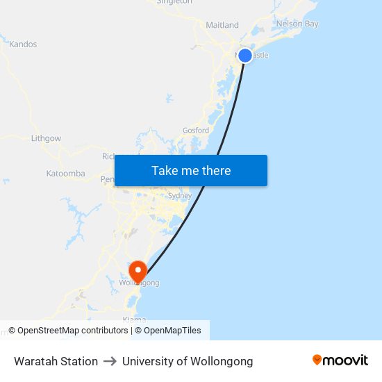 Waratah Station to University of Wollongong map