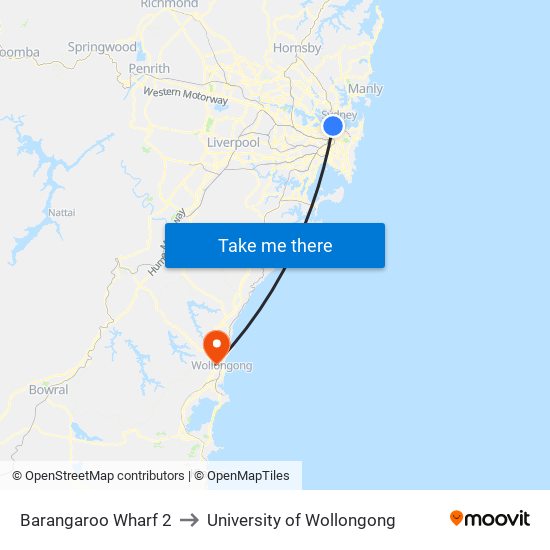 Barangaroo Wharf 2 to University of Wollongong map