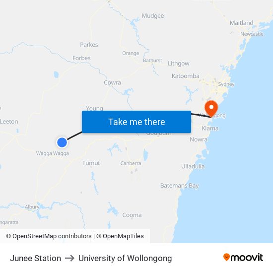 Junee Station to University of Wollongong map