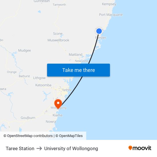 Taree Station to University of Wollongong map