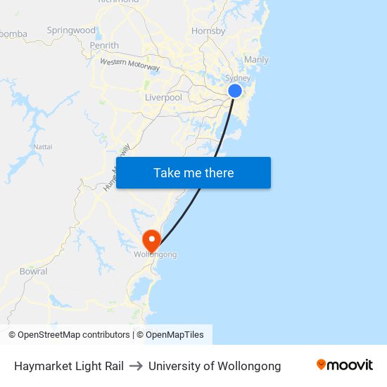 Haymarket Light Rail to University of Wollongong map
