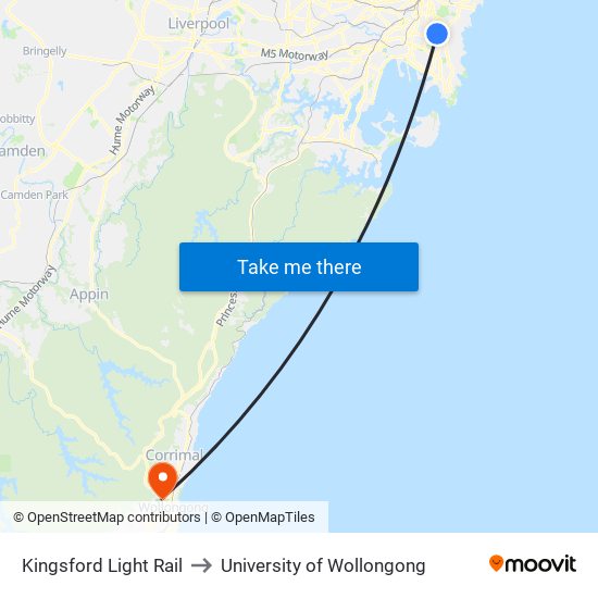 Kingsford Light Rail to University of Wollongong map