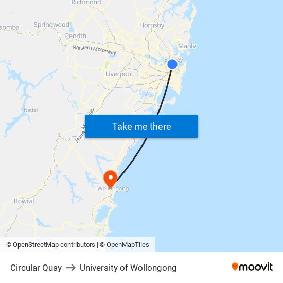 Circular Quay to University of Wollongong map