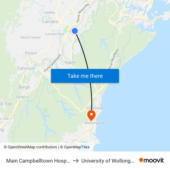 Main Campbelltown Hospital to University of Wollongong map