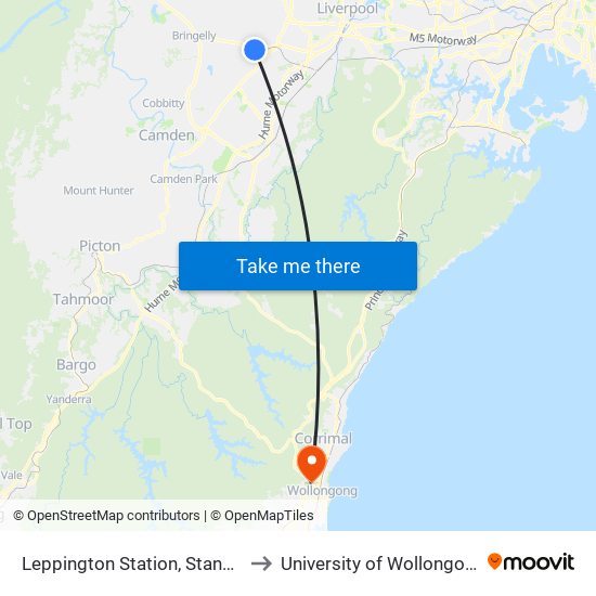 Leppington Station, Stand A to University of Wollongong map