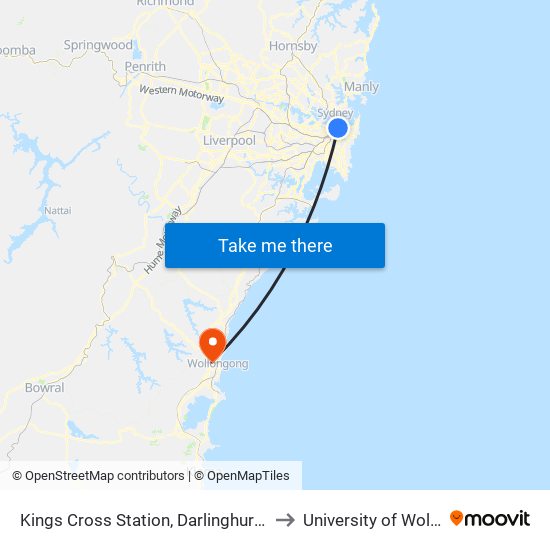 Kings Cross Station, Darlinghurst Rd, Stand B to University of Wollongong map