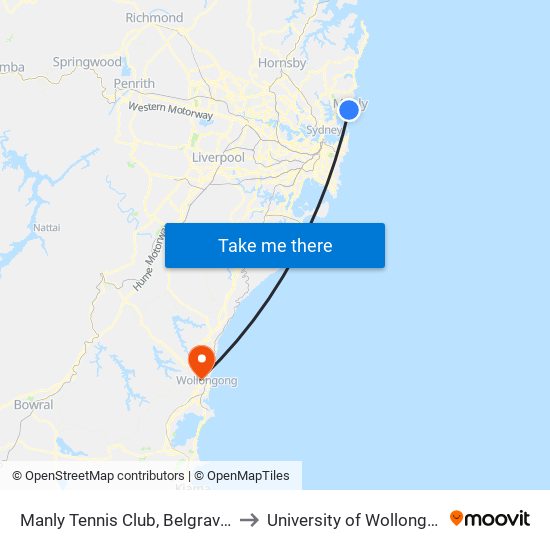 Manly Tennis Club, Belgrave St to University of Wollongong map