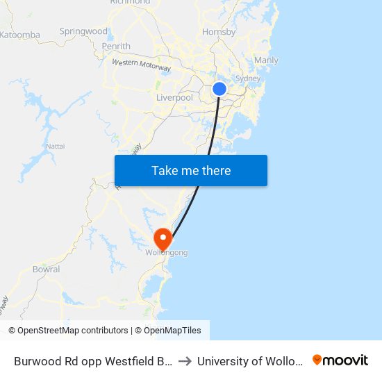 Burwood Rd opp Westfield Burwood to University of Wollongong map