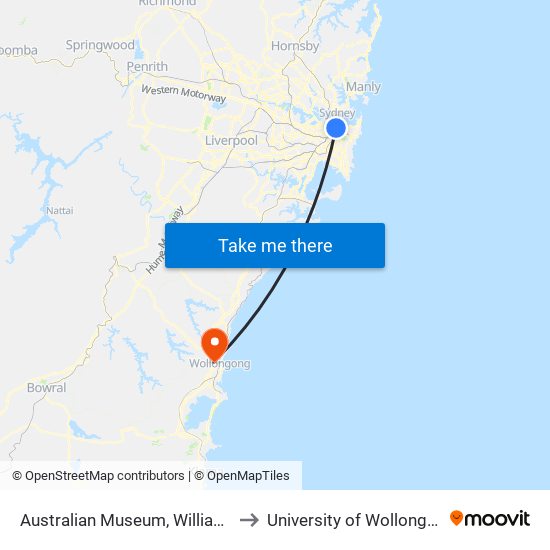 Australian Museum, William St to University of Wollongong map