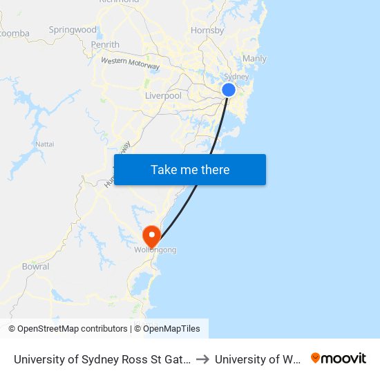 University of Sydney Ross St Gate, Parramatta Rd to University of Wollongong map