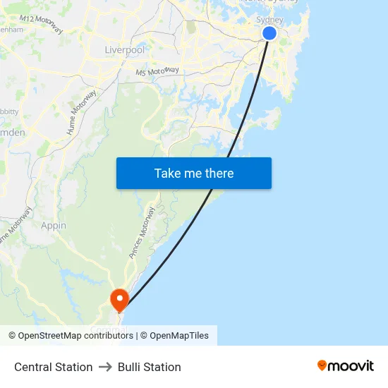 Central Station to Bulli Station map