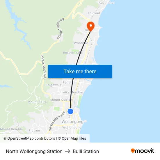 North Wollongong Station to Bulli Station map