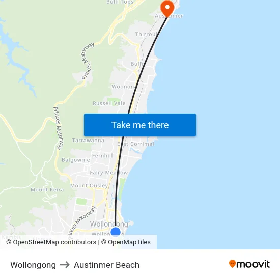 Wollongong to Austinmer Beach map