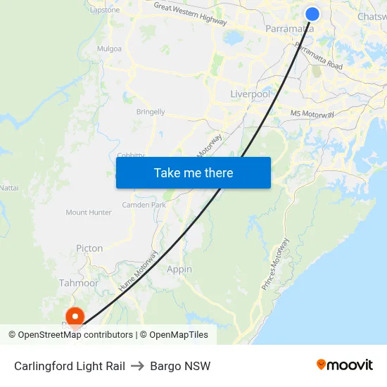 Carlingford Light Rail to Bargo NSW map