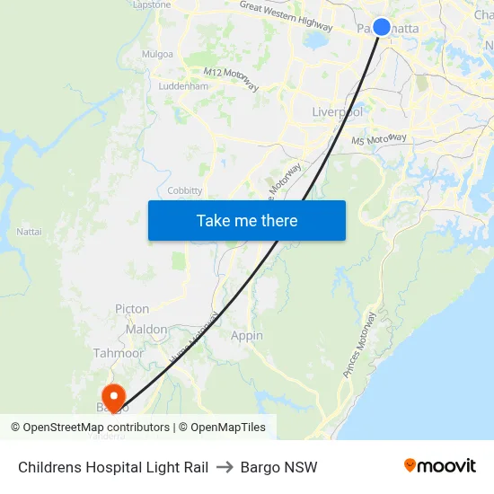 Childrens Hospital Light Rail to Bargo NSW map