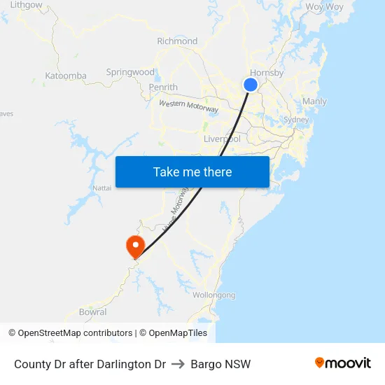 County Dr after Darlington Dr to Bargo NSW map