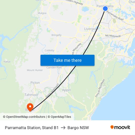 Parramatta Station, Stand B1 to Bargo NSW map