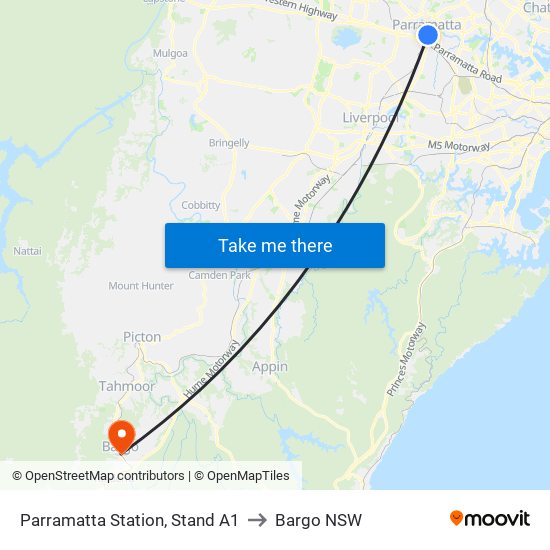 Parramatta Station, Stand A1 to Bargo NSW map