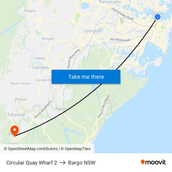 Circular Quay Wharf 2 to Bargo NSW map