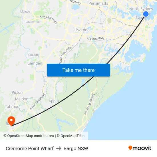 Cremorne Point Wharf to Bargo NSW map