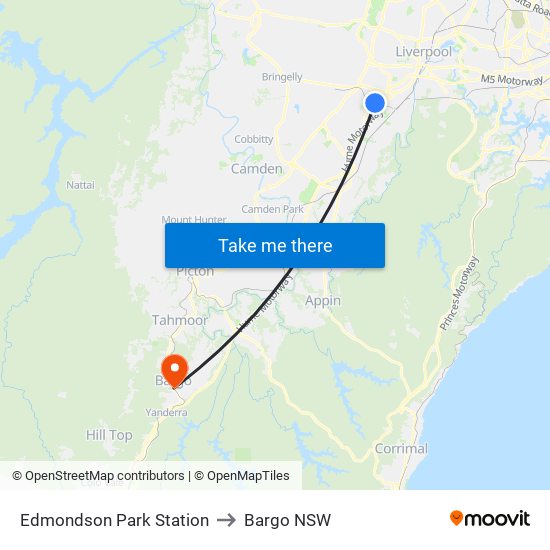 Edmondson Park Station to Bargo NSW map