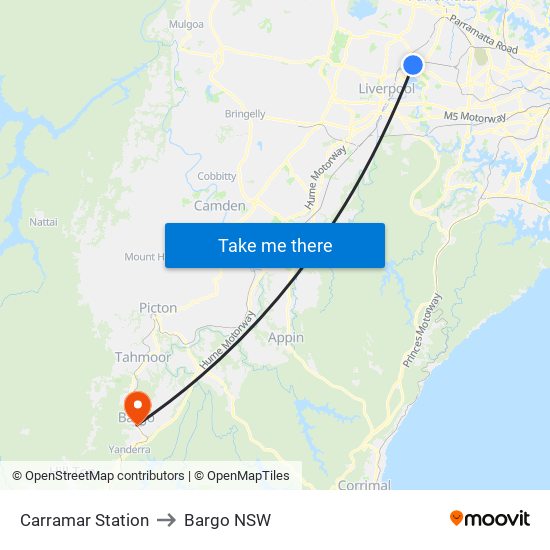 Carramar Station to Bargo NSW map