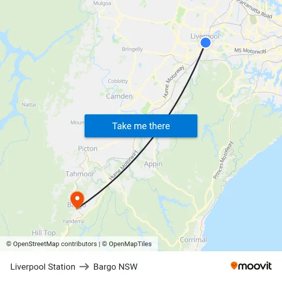 Liverpool Station to Bargo NSW map