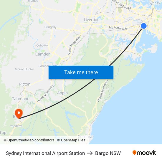 Sydney International Airport Station to Bargo NSW map