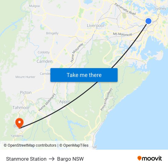 Stanmore Station to Bargo NSW map