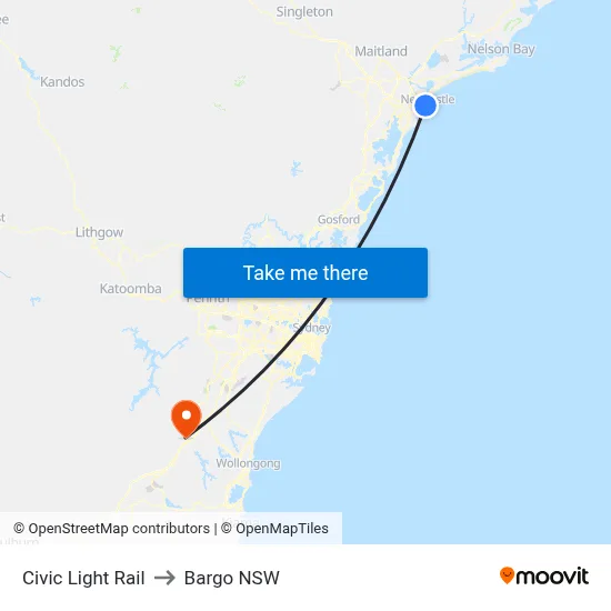 Civic Light Rail to Bargo NSW map