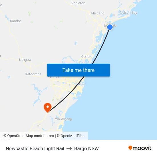 Newcastle Beach Light Rail to Bargo NSW map