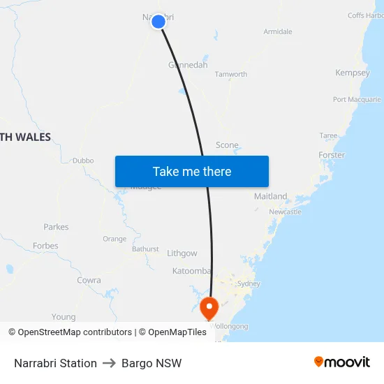 Narrabri Station to Bargo NSW map