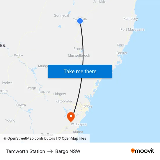 Tamworth Station to Bargo NSW map