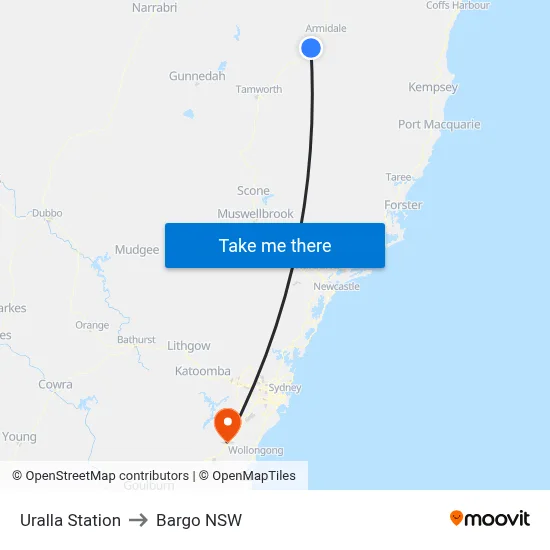 Uralla Station to Bargo NSW map