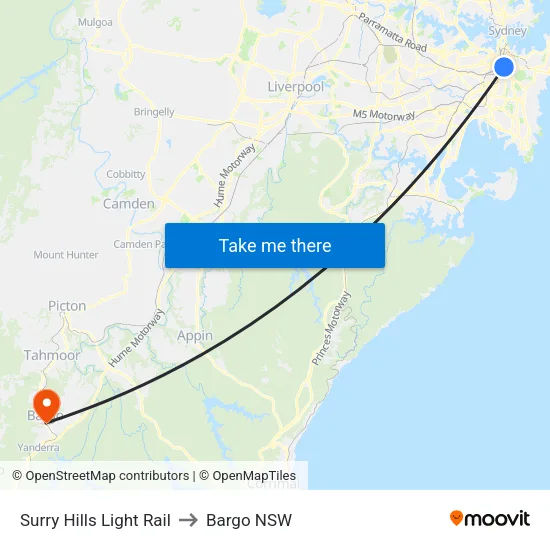 Surry Hills Light Rail to Bargo NSW map