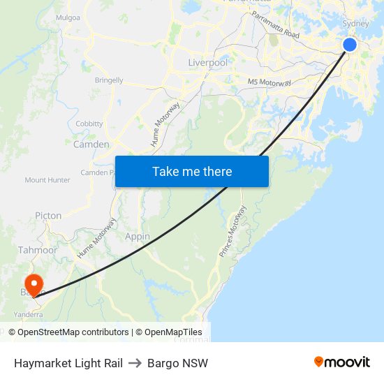 Haymarket Light Rail to Bargo NSW map