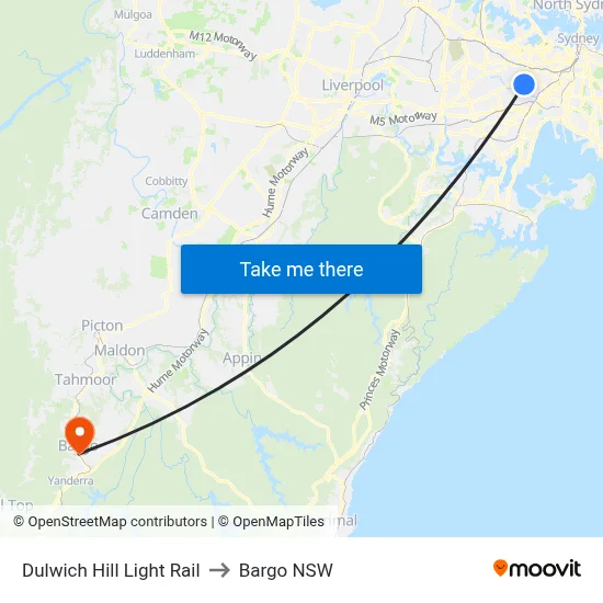 Dulwich Hill Light Rail to Bargo NSW map