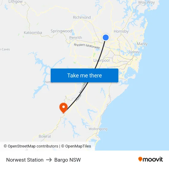 Norwest Station to Bargo NSW map