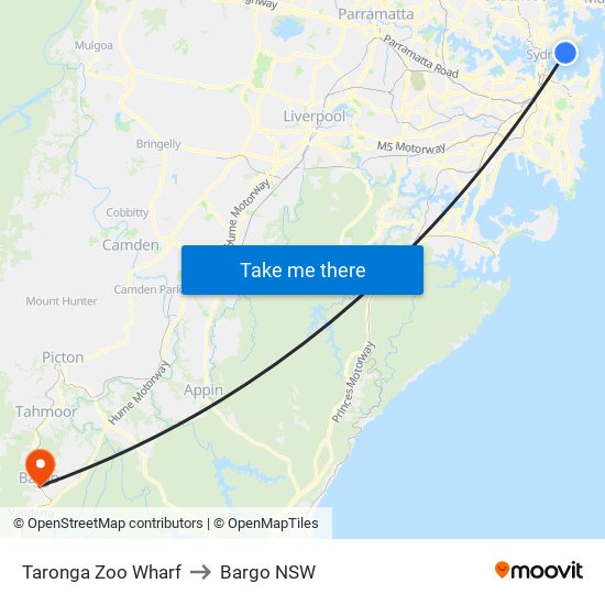 Taronga Zoo Wharf to Bargo NSW map